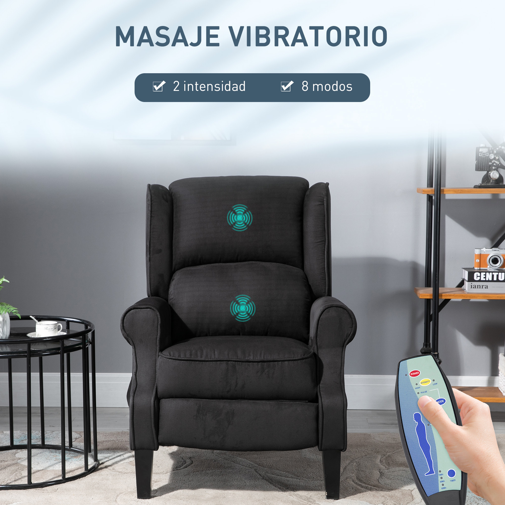 Sillón de Masaje Sillón Relax Reclinable con Mando a Distancia 2 Zonas de Masaje Bolsillo Lateral y Tapizado en Tejido de Ante 78x83x101 cm Negro