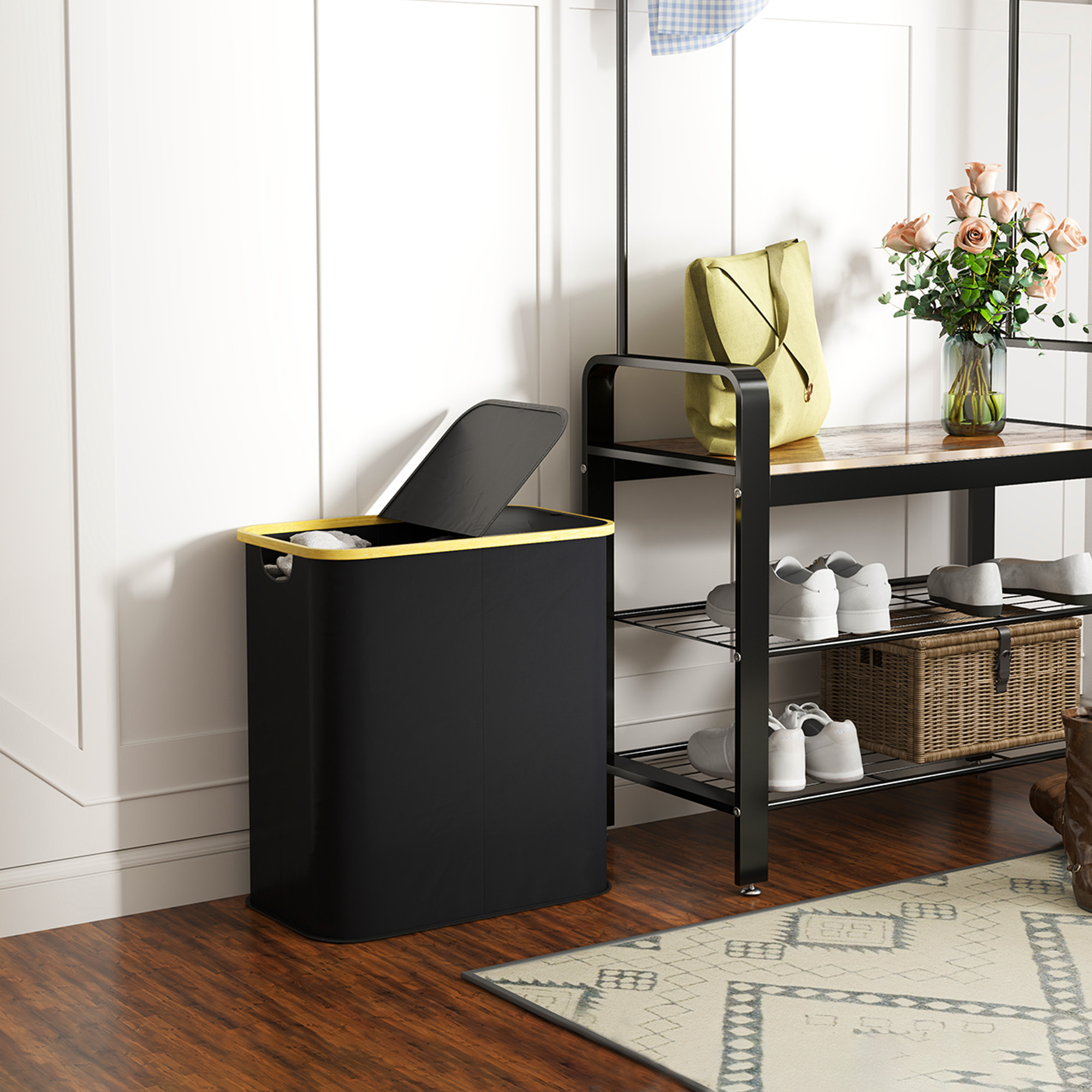 Panier à linge double pliable 80L - corbeille à linge sale avec couvercle et poignées - non tissé noir bambou