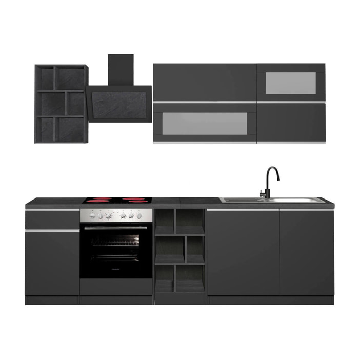 Cucina completa Fonti, Set con dispensa, Mobile per cucinotto, Kit blocco lineare, 100% Made in Italy, 255x60h85 cm, Antracite e Ardesia