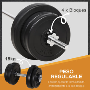 Juego de Pesas con Mancuernas y Barra Pesos Ajustables 2en1 con Discos Gimnasio