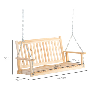 Banco Columpio de Madera de 2 Plazas Banco Balancín Colgante con Reposabrazos Cadenas Ajustables y Diseño Listones Carga 200 kg para Jardín Terraza Balcón 117x69x60 cm Natural