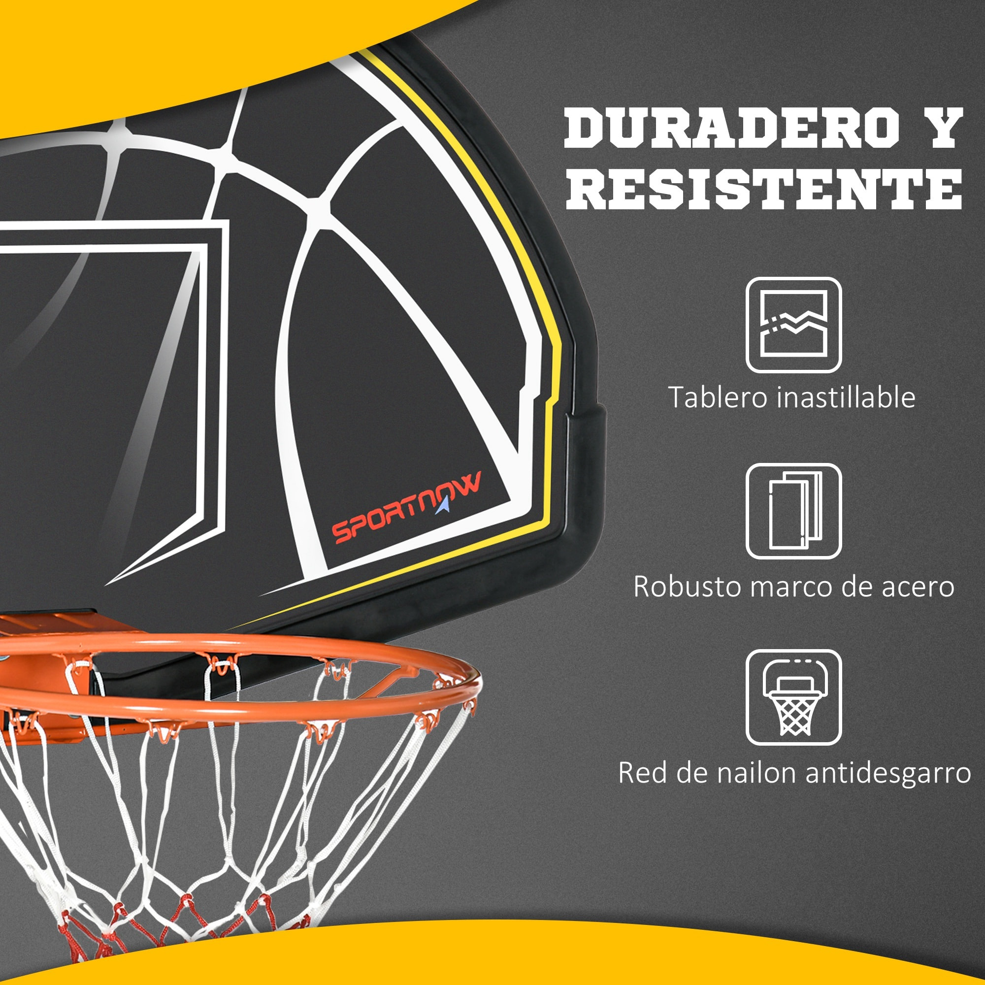 Canasta de Baloncesto de Pared Tablero de Baloncesto Aro de Baloncesto para Interior y Exterior 110x90x70 cm Negro y Amarillo