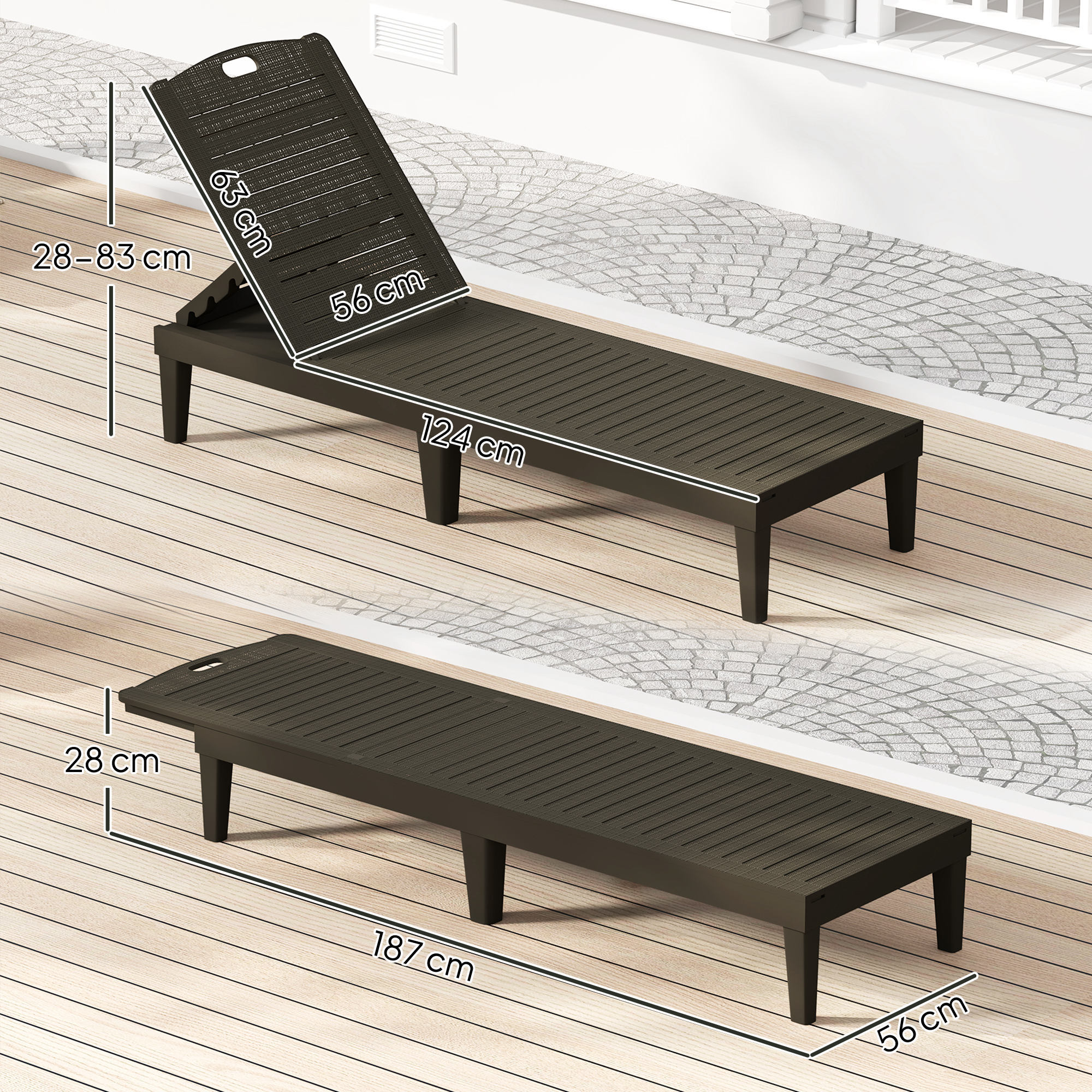 Pack de 2 Tumbonas de Jardín Exterior, Tumbonas Reclinables de Plástico PP con Respaldo Ajustable de 4 Niveles, Resistentes a la Intemperie, para Playa, Piscina, Negro