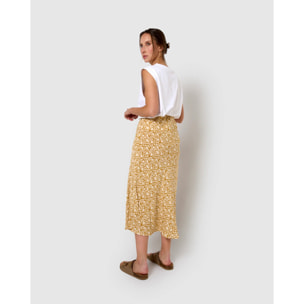 Falda midi bambula detalles plisados telma ocre
