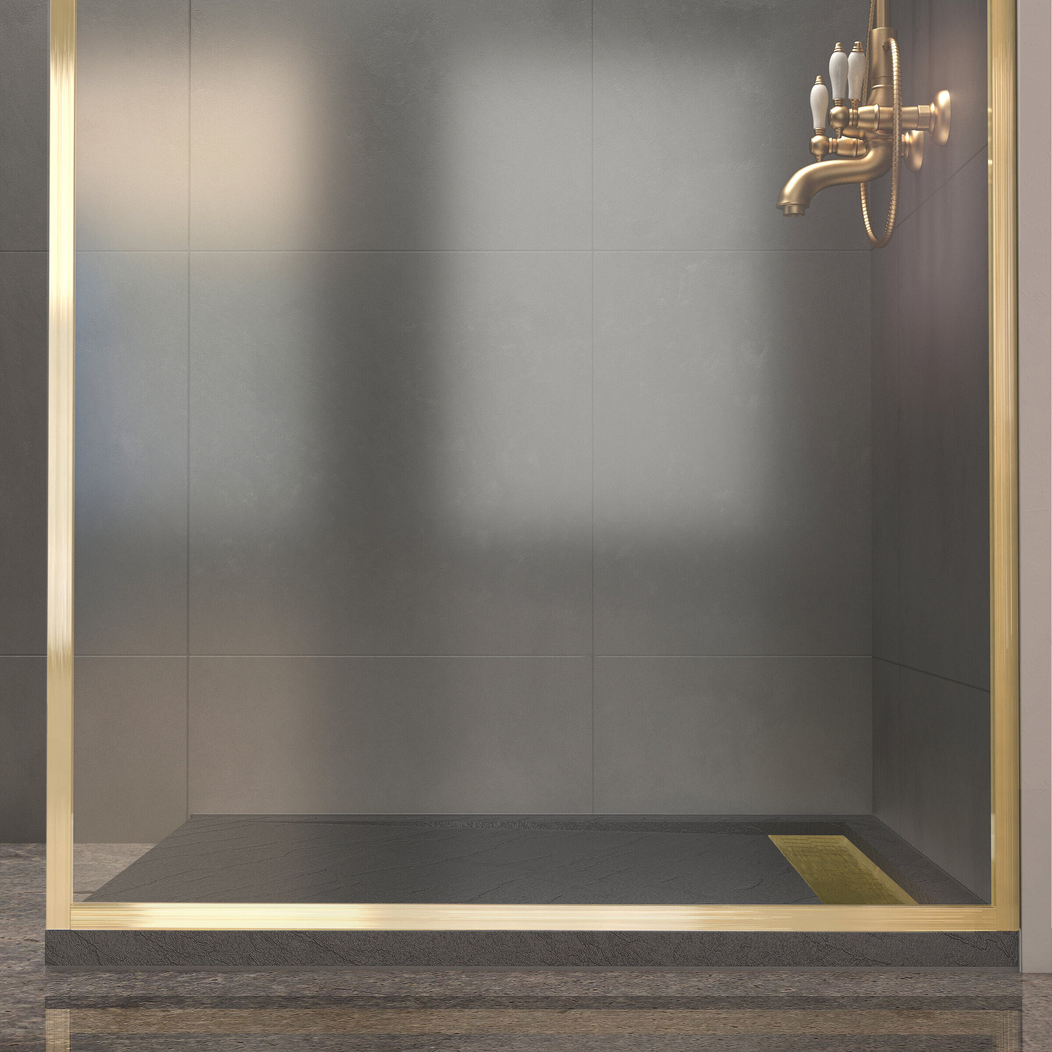 Paroi de Douche 100x200cm + Grille Finition Or Doré Brossé + Receveur gris effet pierre 100x80x4cm