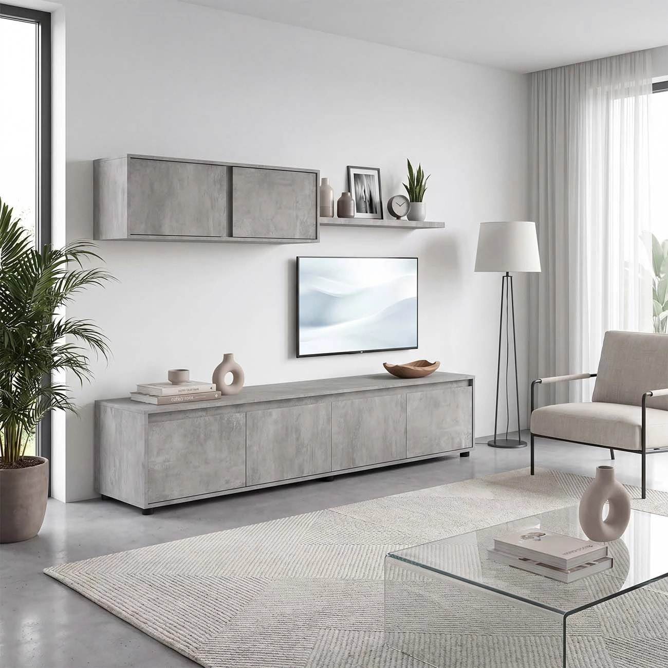 Salón con mueble de TV y estantería en gris cemento 200 cm Arlet Gris cemento