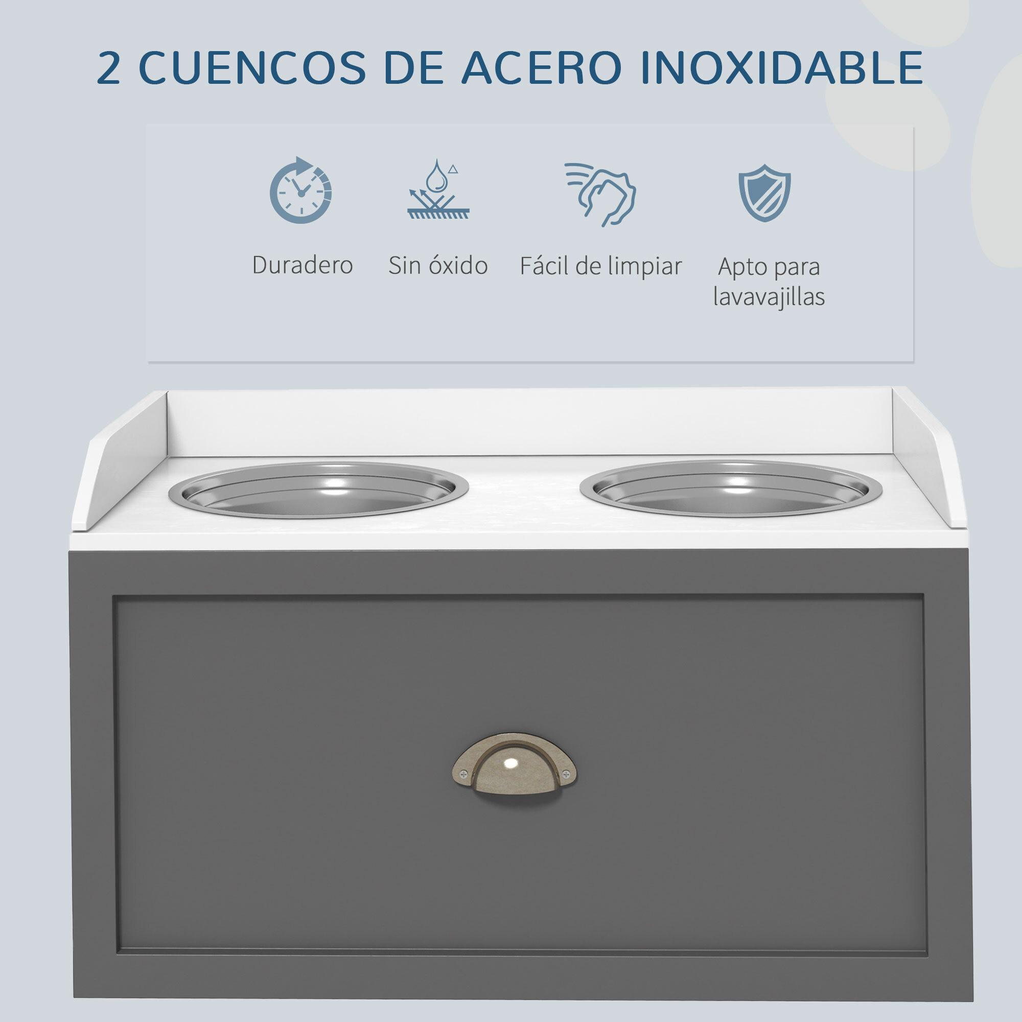 Comedero Elevado para Perros Grandes Cuencos para Perros con 2 Tazones 2000ml de Acero Inoxidable y Cajón Oculto Soporte de Madera para Mascotas 60x30x36 cm Gris y Blanco