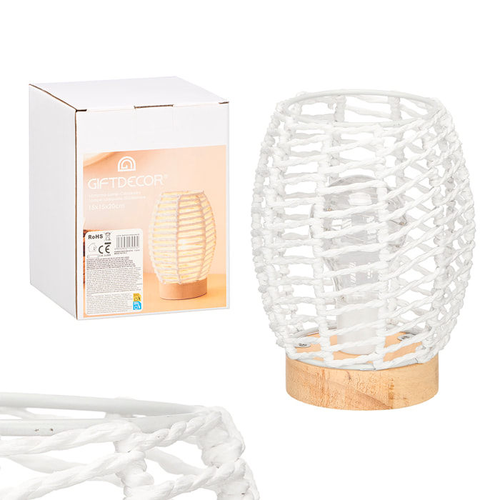 Lámpara de sobremesa ovalada de cuerda blanca con base de madera.
