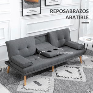 Sofá Cama 3 Plazas Sofá Cama Plegable con Respaldo Ajustable de 3 Niveles Reposabrazos Desmontable y 2 Soportes para Vasos 181x77x78 cm Gris Oscuro