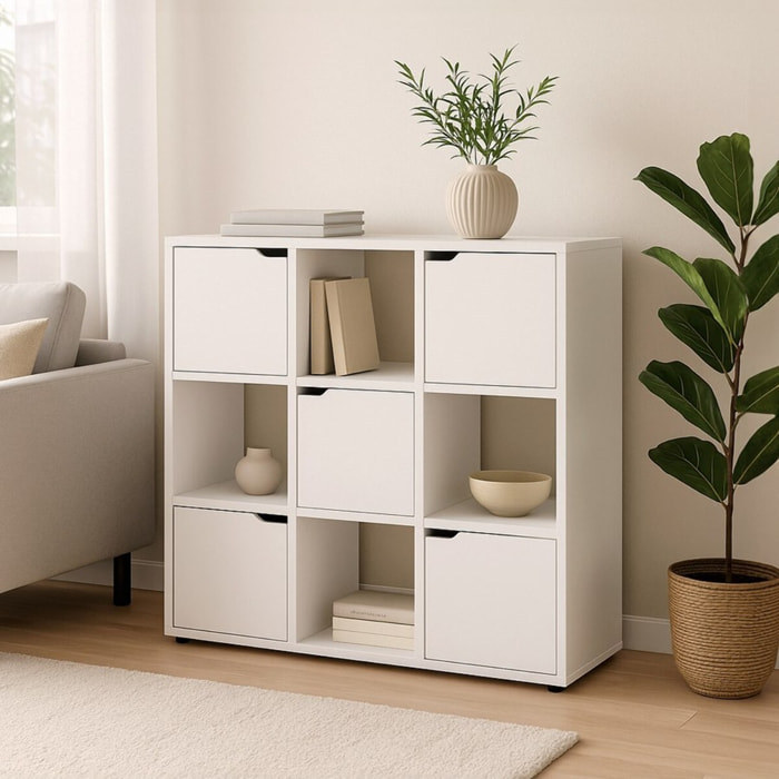 Mobile libreria moderna 9 cubi con 5 ante bianca - Ubli
