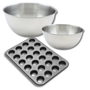 Ensemble comprenant 1 moule muffin 24 empreintes, 1 spatule Zenker et 2 bols à mixer en inox Fackelmann
