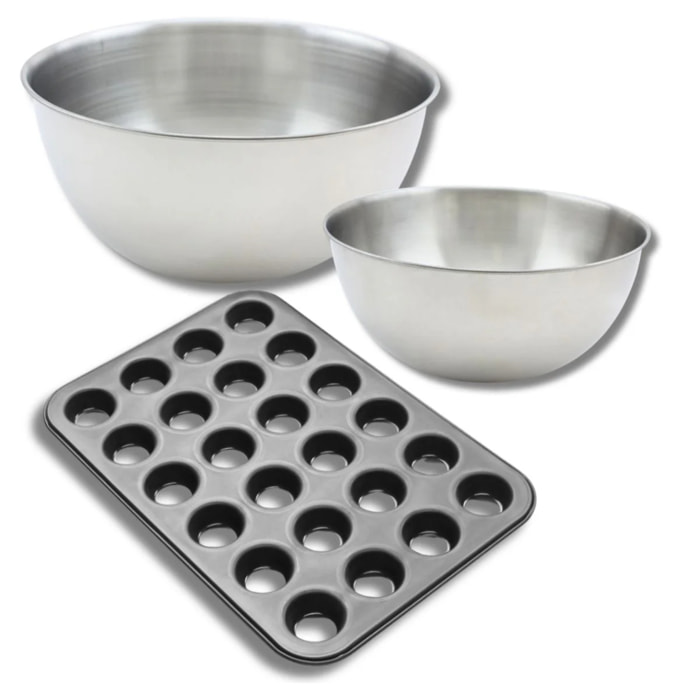 Ensemble comprenant 1 moule muffin 24 empreintes, 1 spatule Zenker et 2 bols à mixer en inox Fackelmann