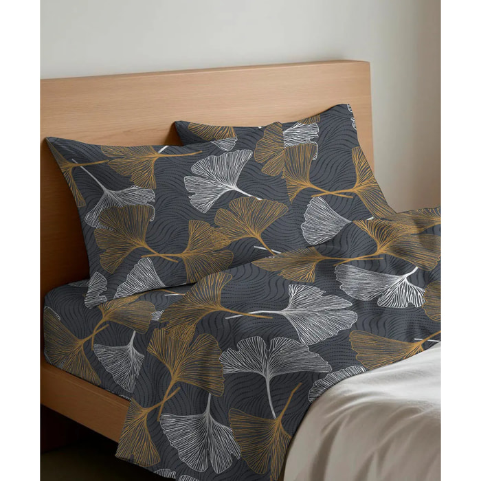 Coppia Federe per cuscini letto GINKO GIALLO 100% Flanella e Made in Italy floreale stilizzato