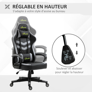 Chaise de bureau gaming réglable - coussin lombaires et tétière inclus - fonction bascule verrouillable - noir gris