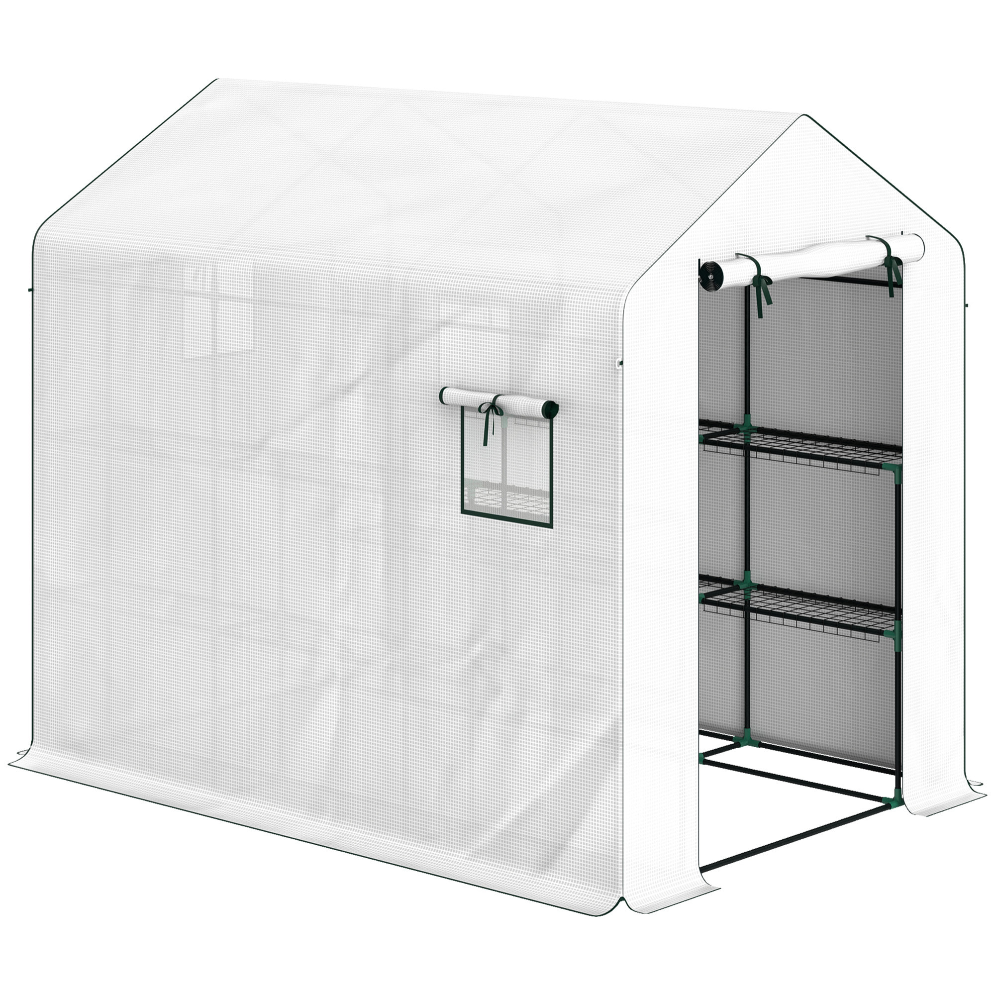 Serre de jardin 4 étagères - porte enroulable zippée, 2 fenêtres - 143 x 215 x 190 cm - acier vert PE blanc