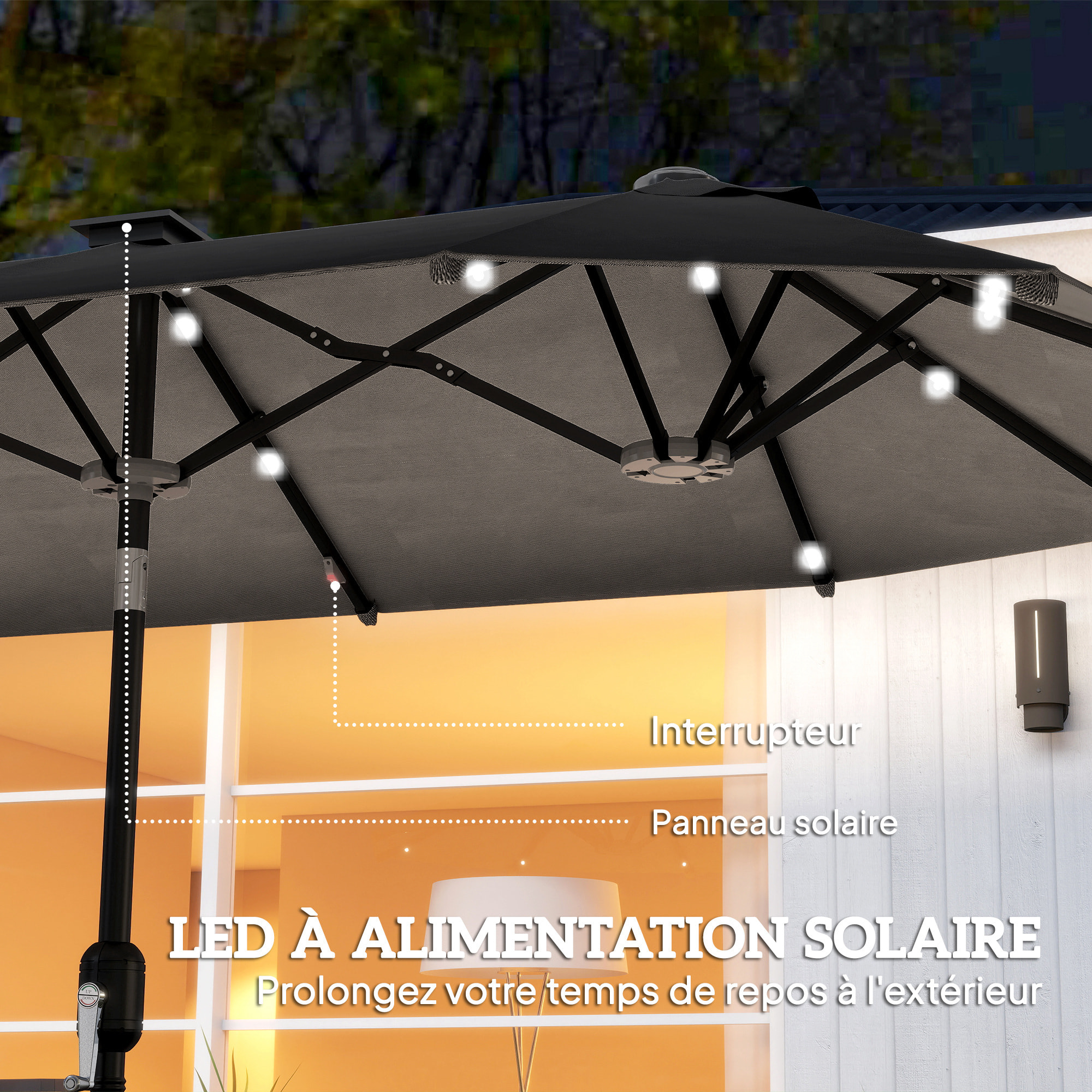 Parasol de jardin double 3 x 1,5 m éclairage solaire polyester gris