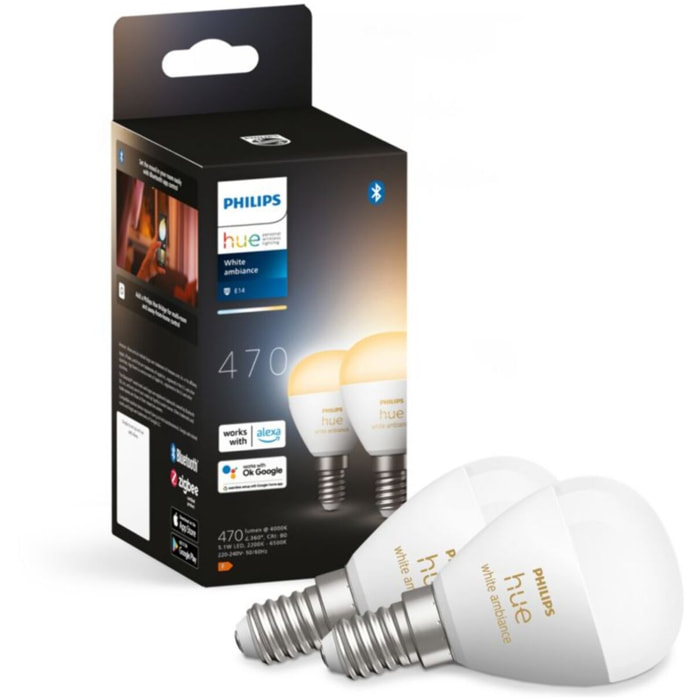 Ampoule LED connectée PHILIPS HUE White Ambiance E14 Luster 5.1W x2