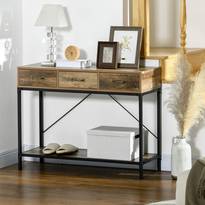 Console table d'appoint design industriel 3 tiroirs étagère acier noir panneaux particules aspect bois vieilli