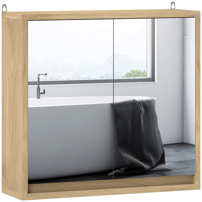 Armario de Baño con Espejo con 2 Puertas y Estante Ajustable Mueble Colgante de Baño para Aseo Estilo Moderno 48x14,5x45 cm Madera Natural