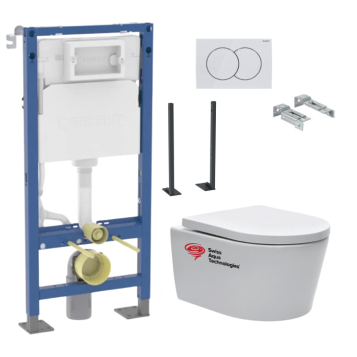 Pack WC bâti-support Geberit autoportant + WC sans bride Swiss Aqua Technologies + plaque (SATRIMLESSGEBX)