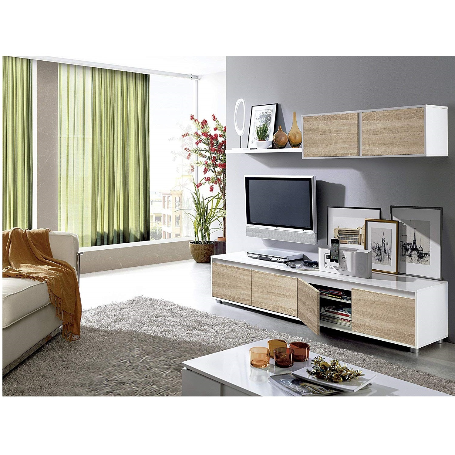 Parete Attrezzata Da Soggiorno Mobile TV 4 ante Pensile Con Pistoni A Gas E Mensola Sospesa Design Moderno Salvaspazio 200 Cm Bianco Lucido E Rovere