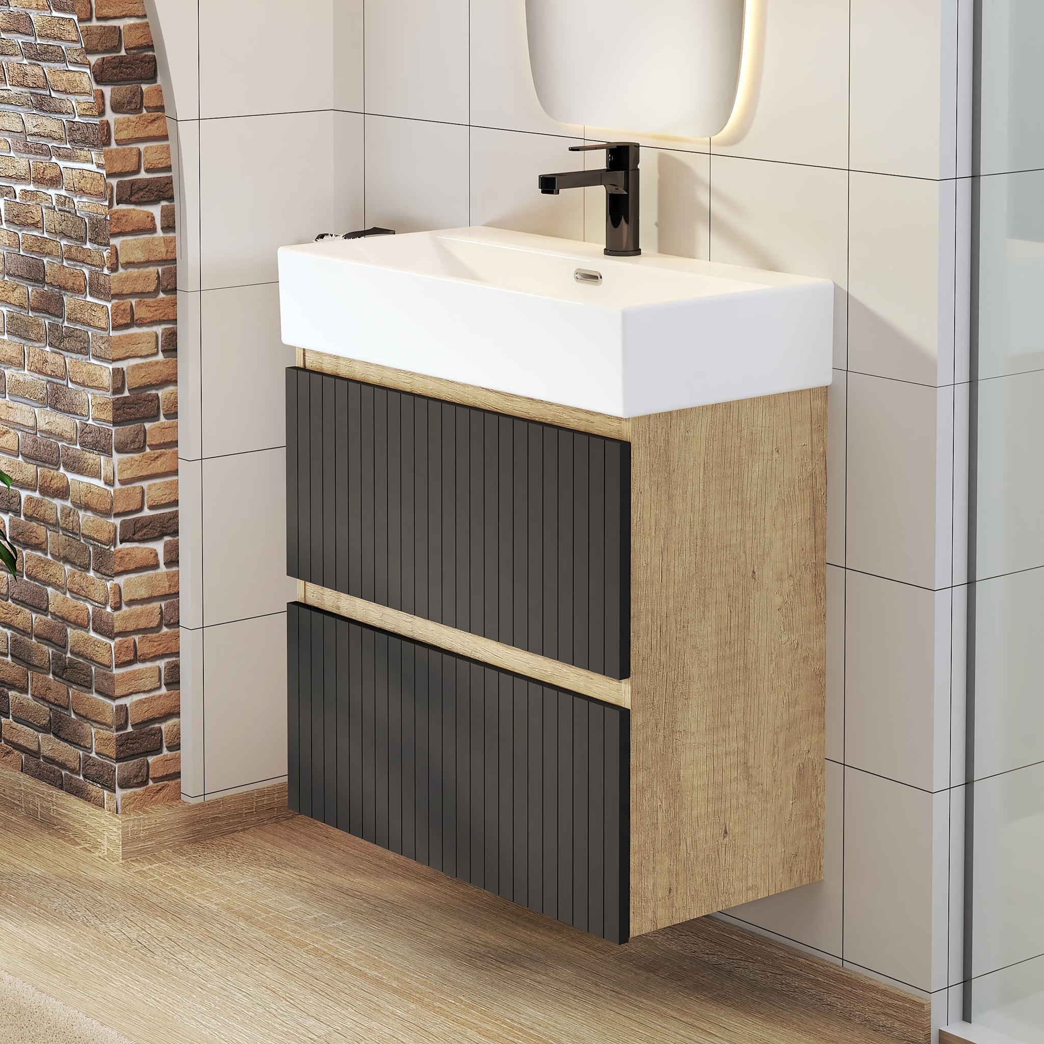 ENSEMBLE DE SALLE DE BAIN ZEL | MEUBLE SUSPENDU | 70 CM NOIR | DEUX TIROIRS | LAVABO ENCASTRÉ | MIROIR NON INCLUS | MEUBLE MONTÉ | ALDAY