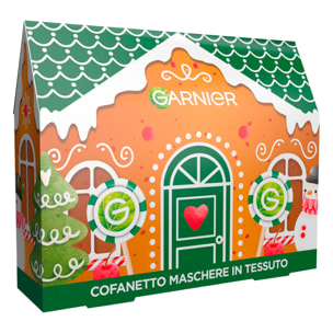 Confezione Regalo Natale Casa Pan di Zenzero con 4 Maschere Viso SkinActive in Tessuto e 1 Maschera Hydra Bomb Occhi