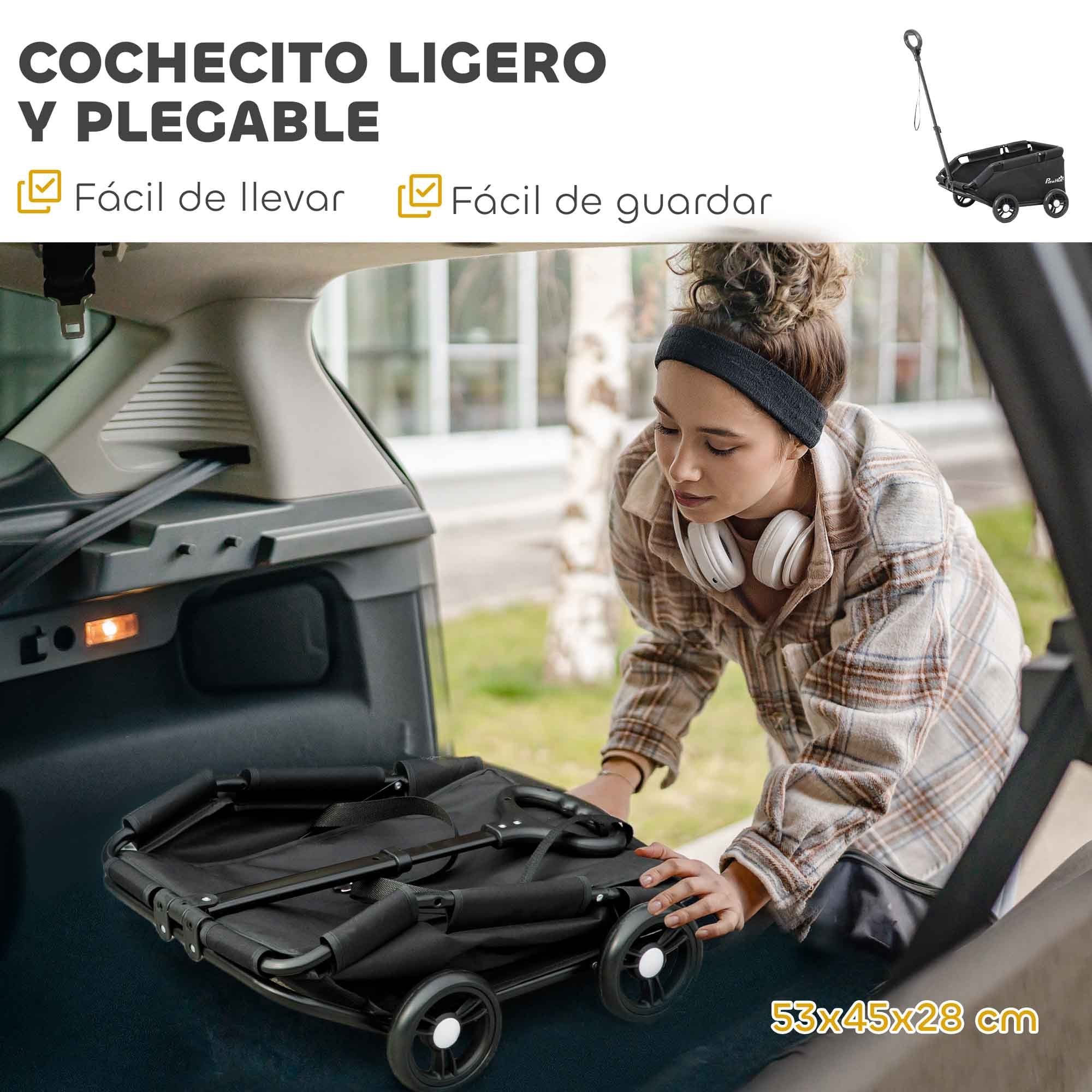 Carrito para Perros Plegable Cochecito para Mascotas Carrito para Perros Miniatura con Barra de Empuje Ajustable Diseño Abierto Cojín Bolsa de Almacenamiento y Ruedas 53x45x28 cm Negro
