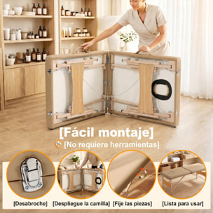 Camilla de Masaje Plegable Mesa de Masaje Portátil con Reposacabezas Marco de Madera Camilla Fisioterapia con Altura Regulable y Bolsa de Transporte 186x60x61-87 cm Marrón Claro