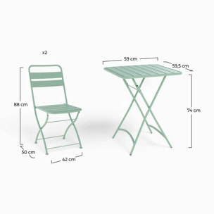 Table et chaises de jardin 2 personnes en métal vert - Yumi