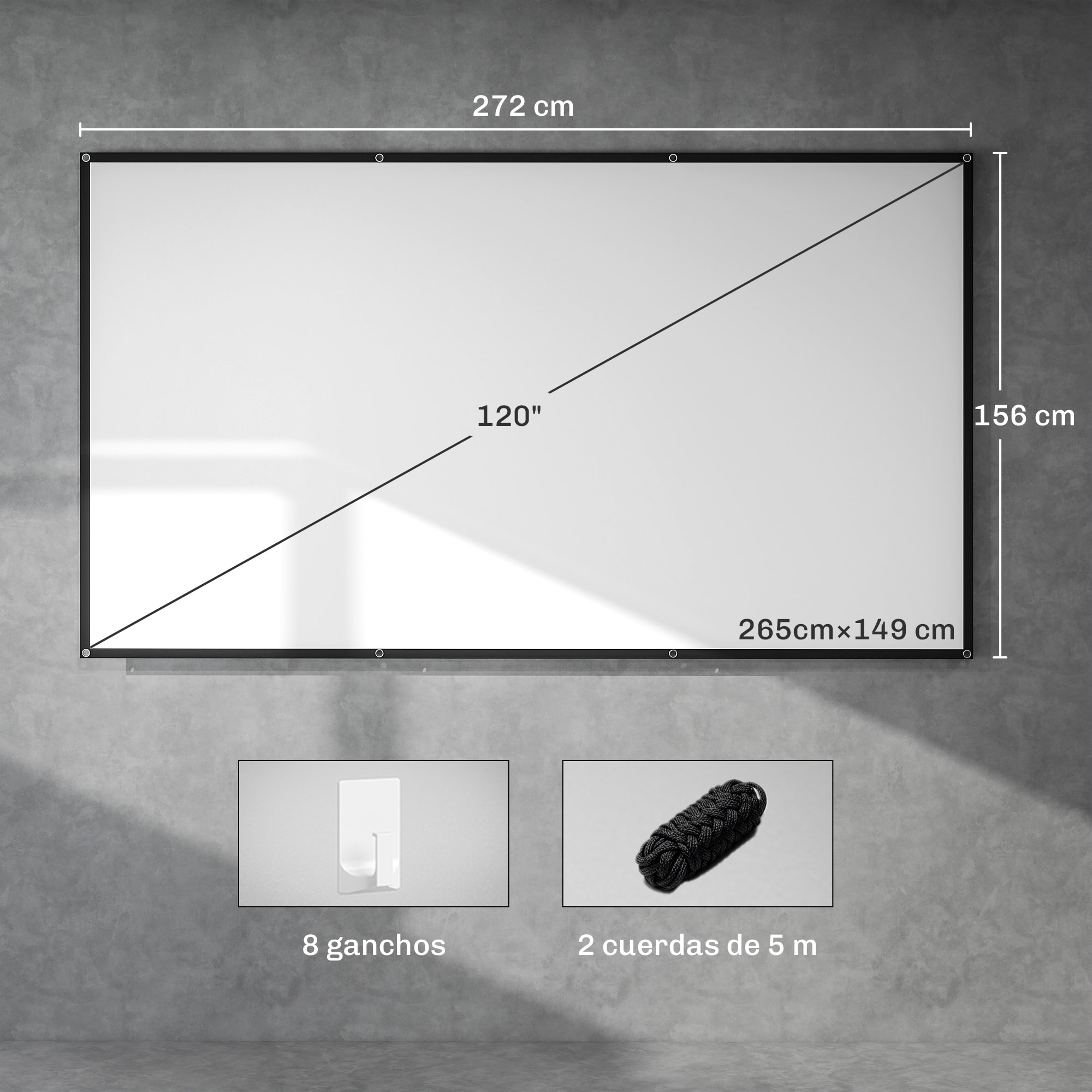 Pantalla de Proyector Manual 120 Pulgadas, Pantalla de Proyección, Formato 16:9, HD 4K/8K, Tela Lavable, para Interior y Exterior, Cine en Casa, Oficina, Patio, Blanco