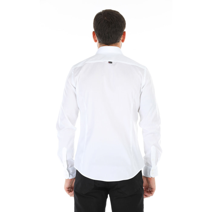 Camicia Uomo 2 Bottoni Button Down Slim Popeline Stretch Unito Bianco