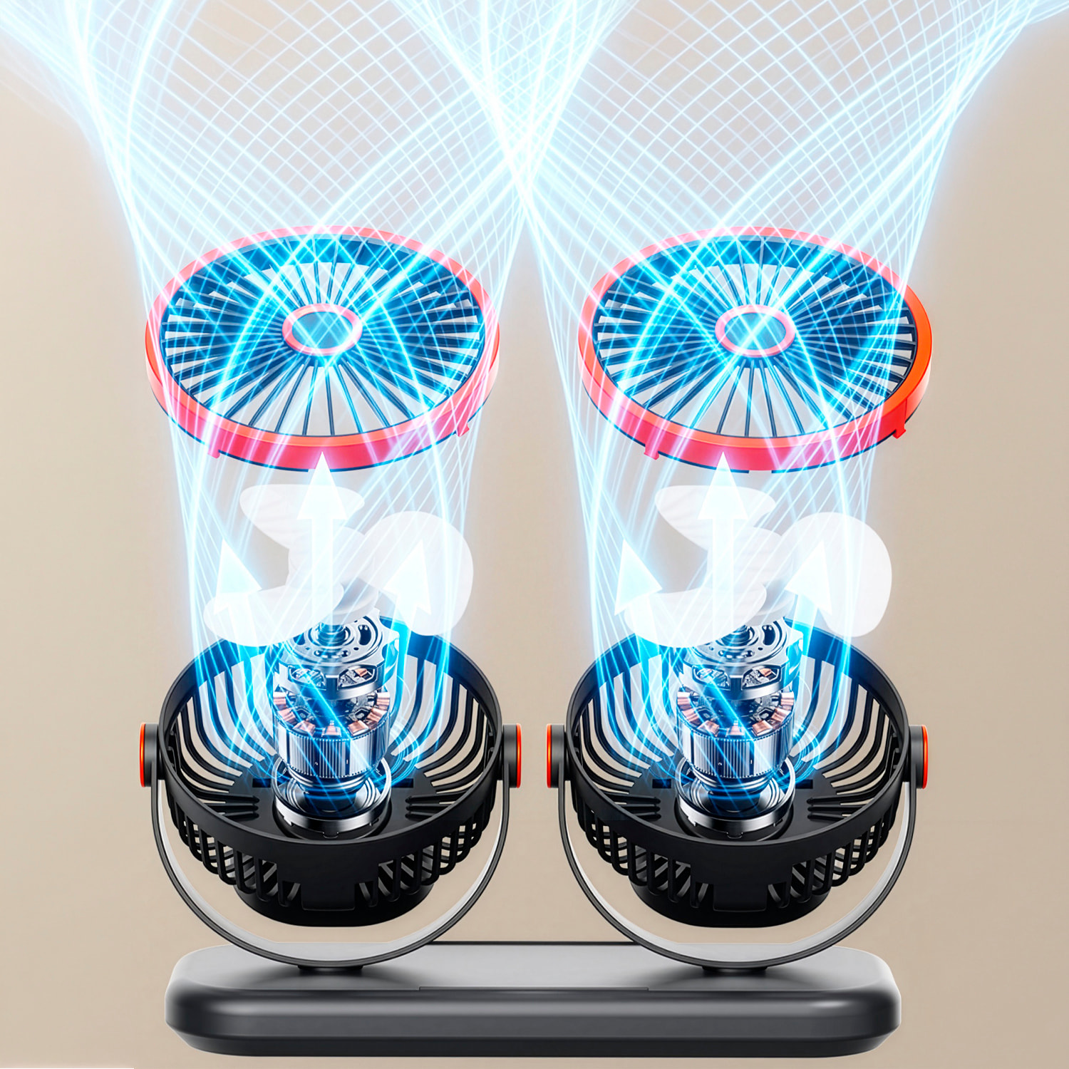 Ventilador modular F21. Con 2 ventiladores independientes, 5 velocidades por unidad y giro 360° vertical y horizontal. 3 niveles de iluminación y diseño versátil de sobremesa, pared, techo o uso portá