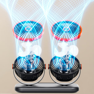 Ventilador modular F21. Con 2 ventiladores independientes, 5 velocidades por unidad y giro 360° vertical y horizontal. 3 niveles de iluminación y diseño versátil de sobremesa, pared, techo o uso portá