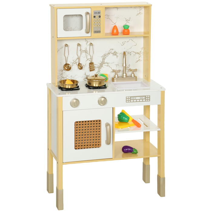 Cocina de Juguete de Madera con Sonido, Cocinita Infantil con Accesorios de Acero Inoxidable, Microondas, Horno, Fregadero, Verduras para Cortar, para Niños a Partir de 3 Años, Dorado