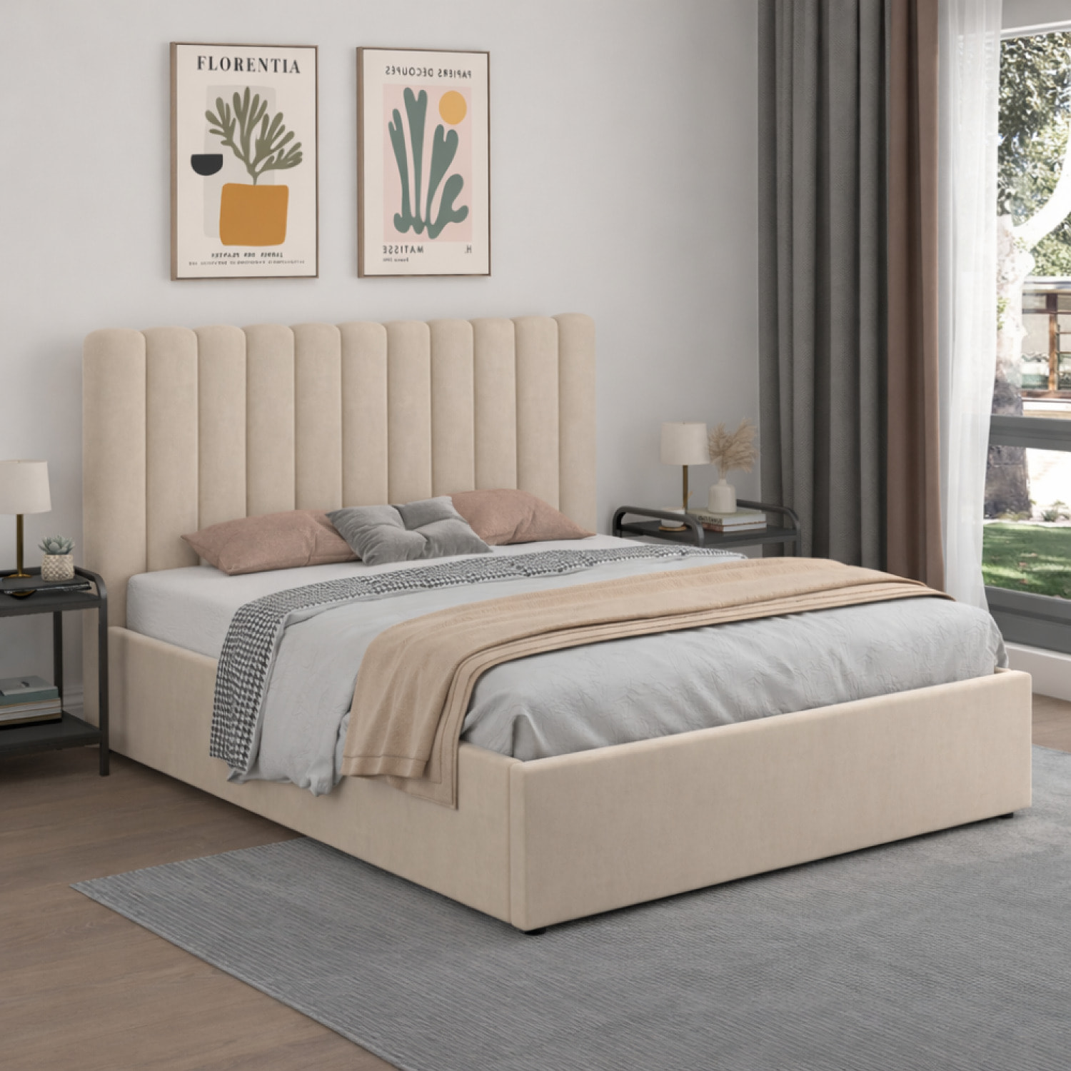 LEANA Lit avec coffre de rangement 160x200cm velours beige