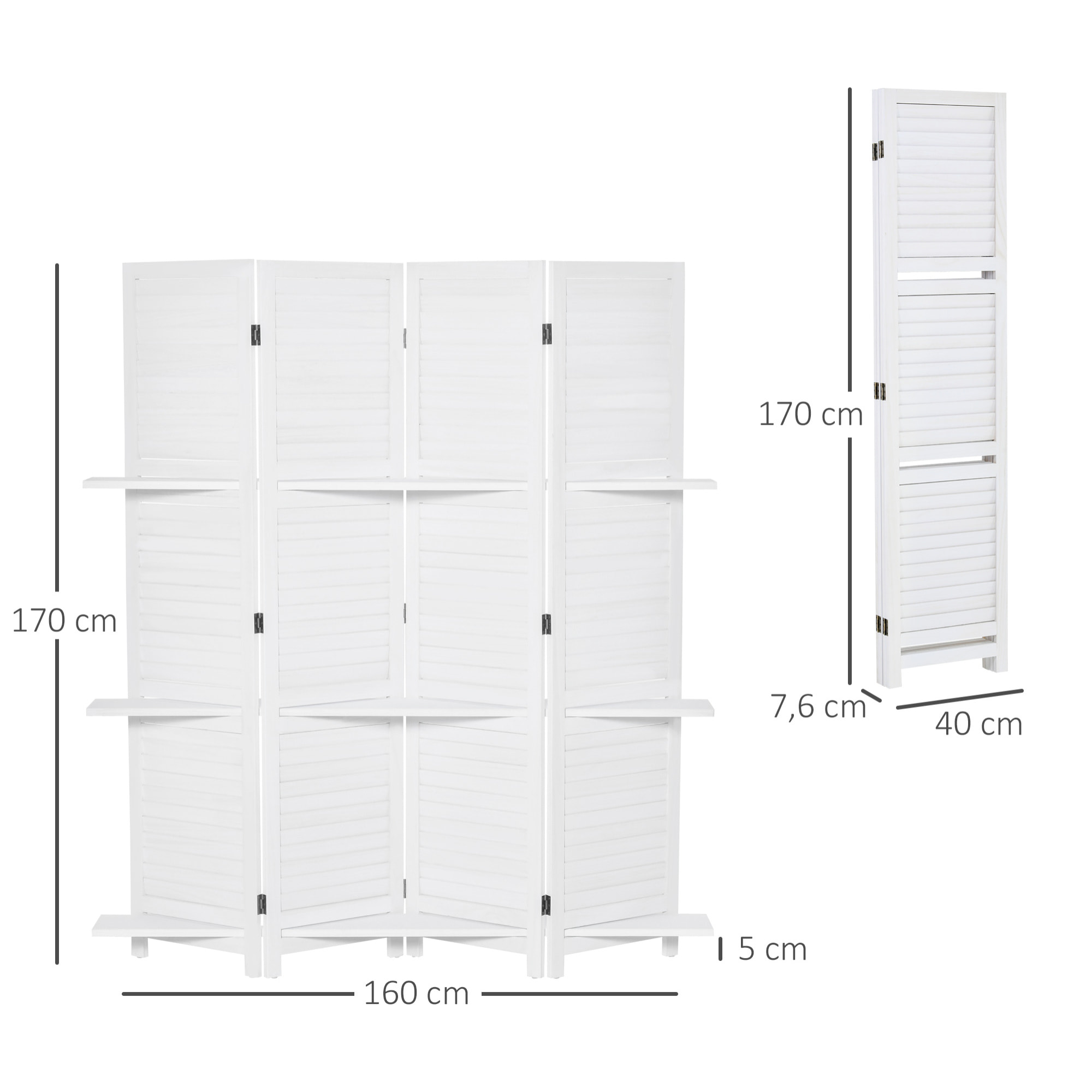 Paravent intérieur 4 panneaux 3 étagères pliables séparateur de pièce portes persiennes bois de paulownia blanc