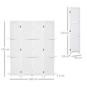 Paravent intérieur 4 panneaux 3 étagères pliables séparateur de pièce portes persiennes bois de paulownia blanc