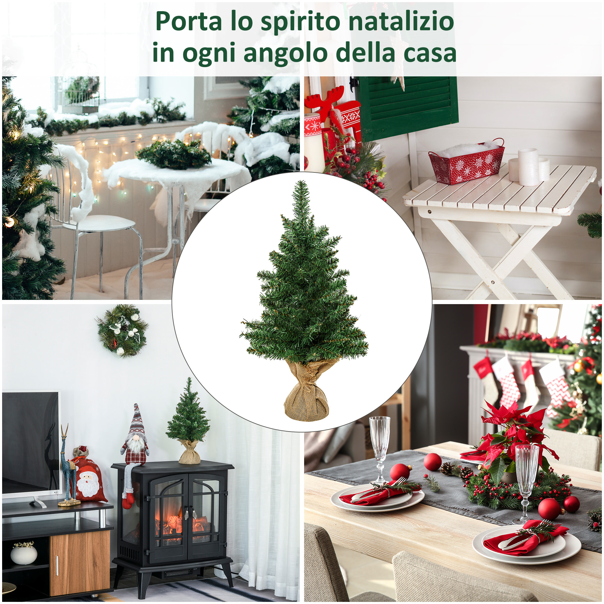 HOMCOM 60cm Mini Albero di Natale Pino artificiale con 70 Rami, Base Borsa in Lino, in PVC