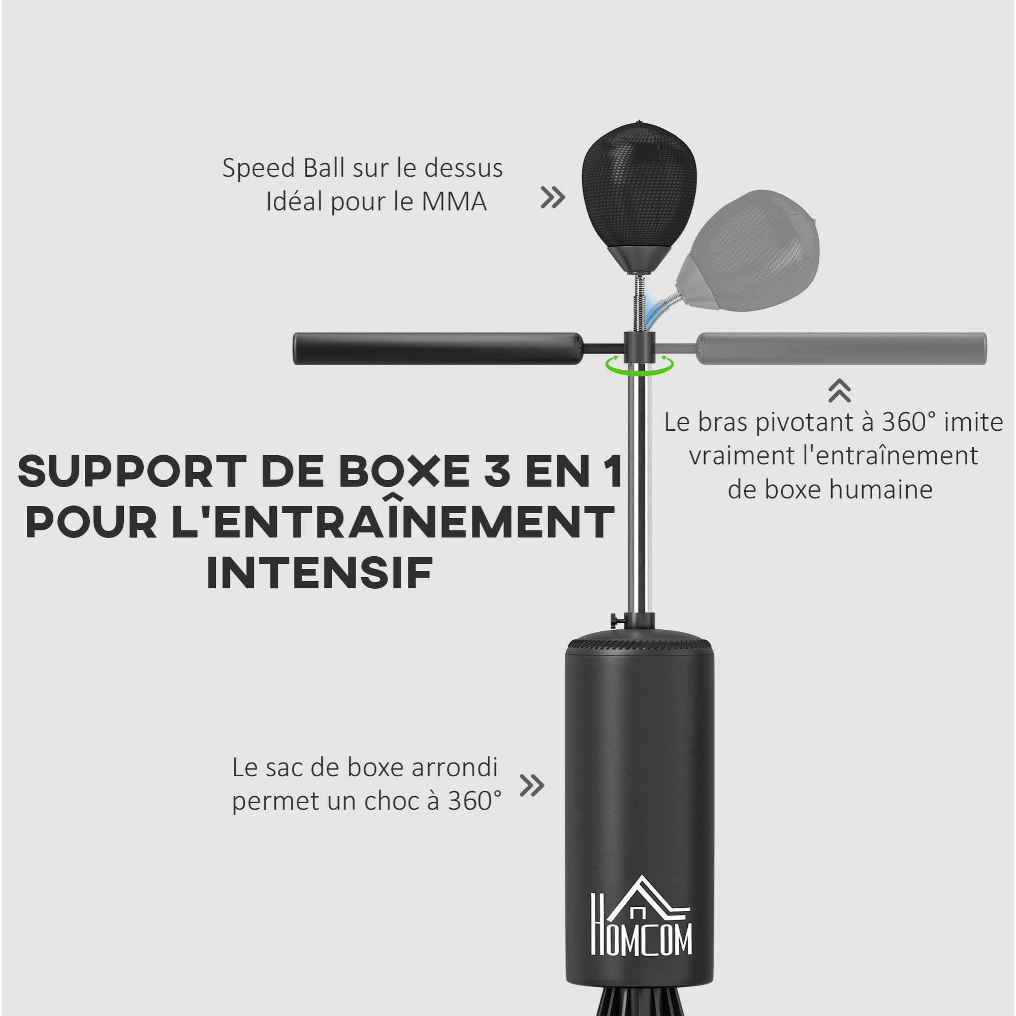 Sac de frappe boxe autoportant punching ball brunier 3 en 1 revêtement synthétique dim. 88L x 48l x 155-205H cm noir