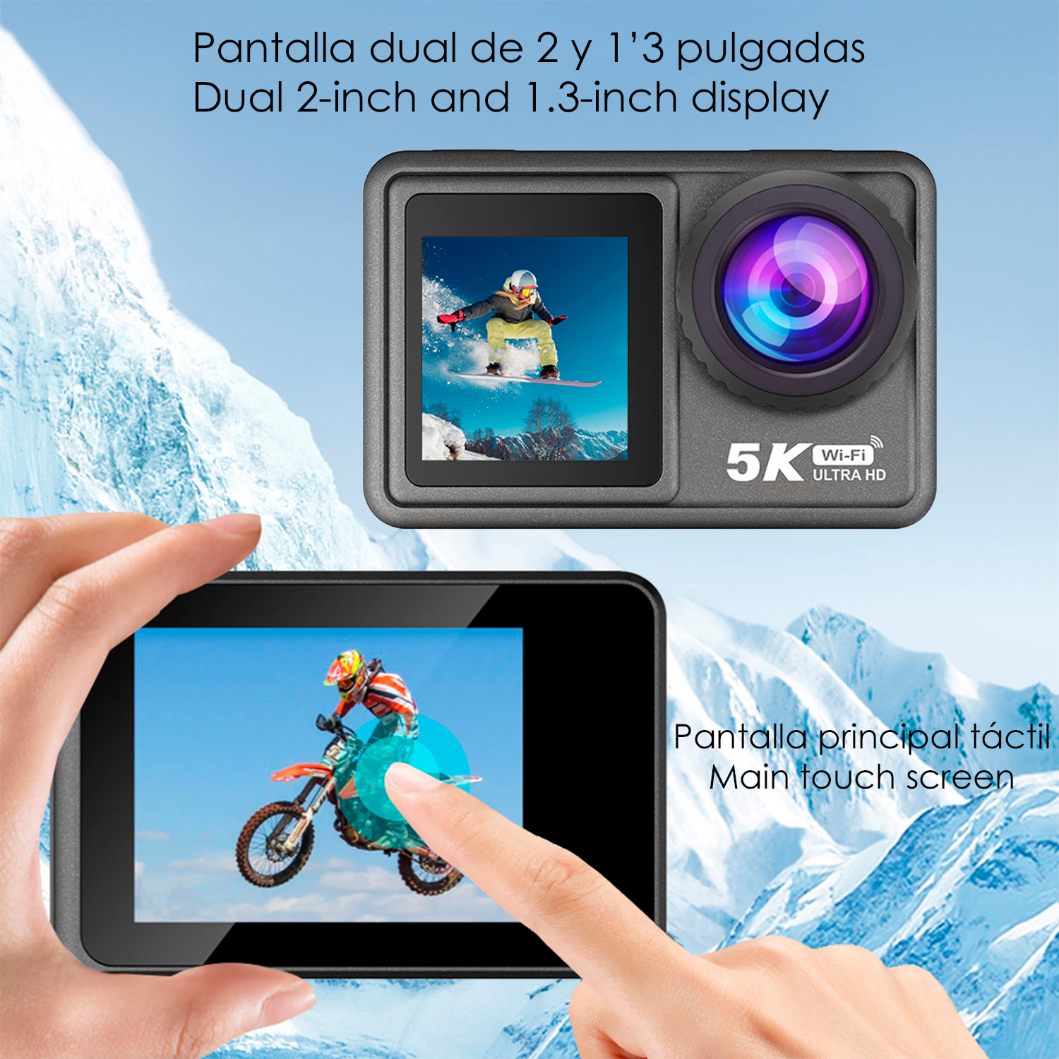 Camera Sportiva M81 TR 5k 30fps con 50 mpx, doppio schermo da 2" e 1.3" con moltissimi accessori sportivi e WIFI.
