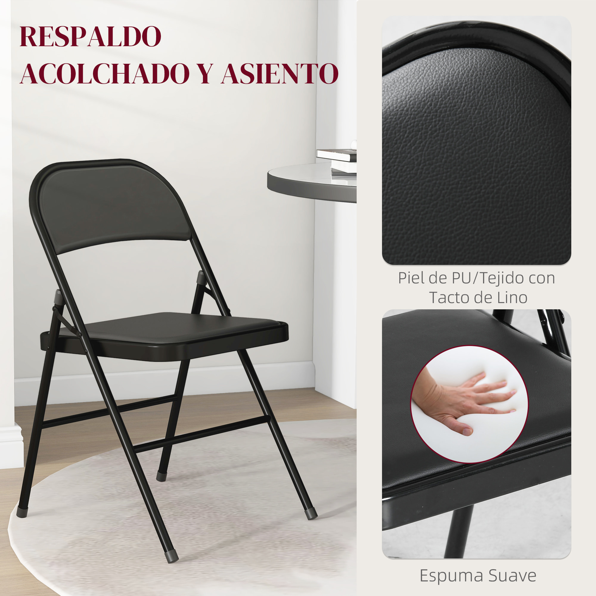 Juego de 2 Sillas Plegables Acolchadas con Respaldo y Estructura de Acero, para Salón, Comedor, Cocina, 45x46x78 cm, Negro