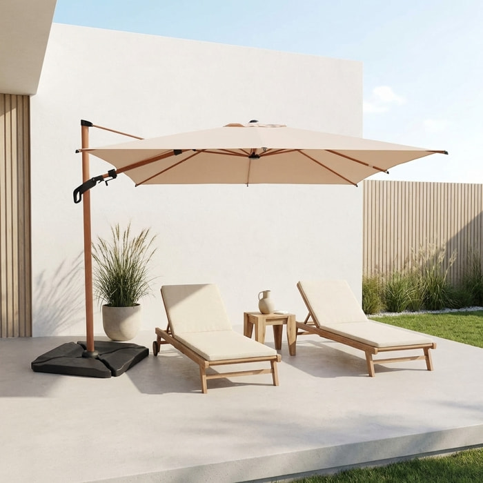 Parasol déporté rectangulaire 3x4m, mât effet bois + dalles à lester 50x50cm ETRETAT + BASE 50
