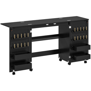 Table de couture pliable sur roulettes - 4 bacs, 20 porte-bobines, étagère - noir