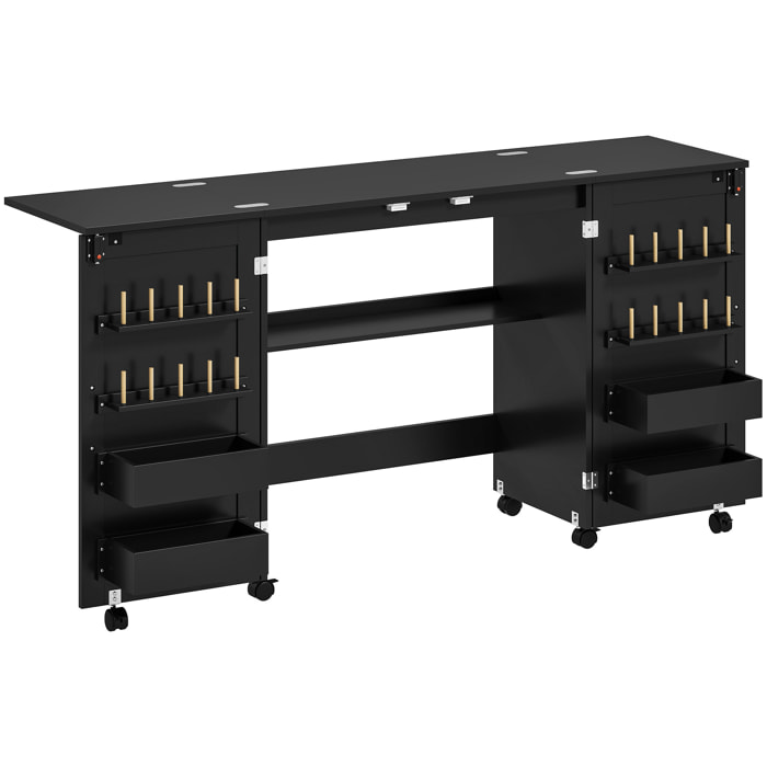 Table de couture pliable sur roulettes - 4 bacs, 20 porte-bobines, étagère - noir