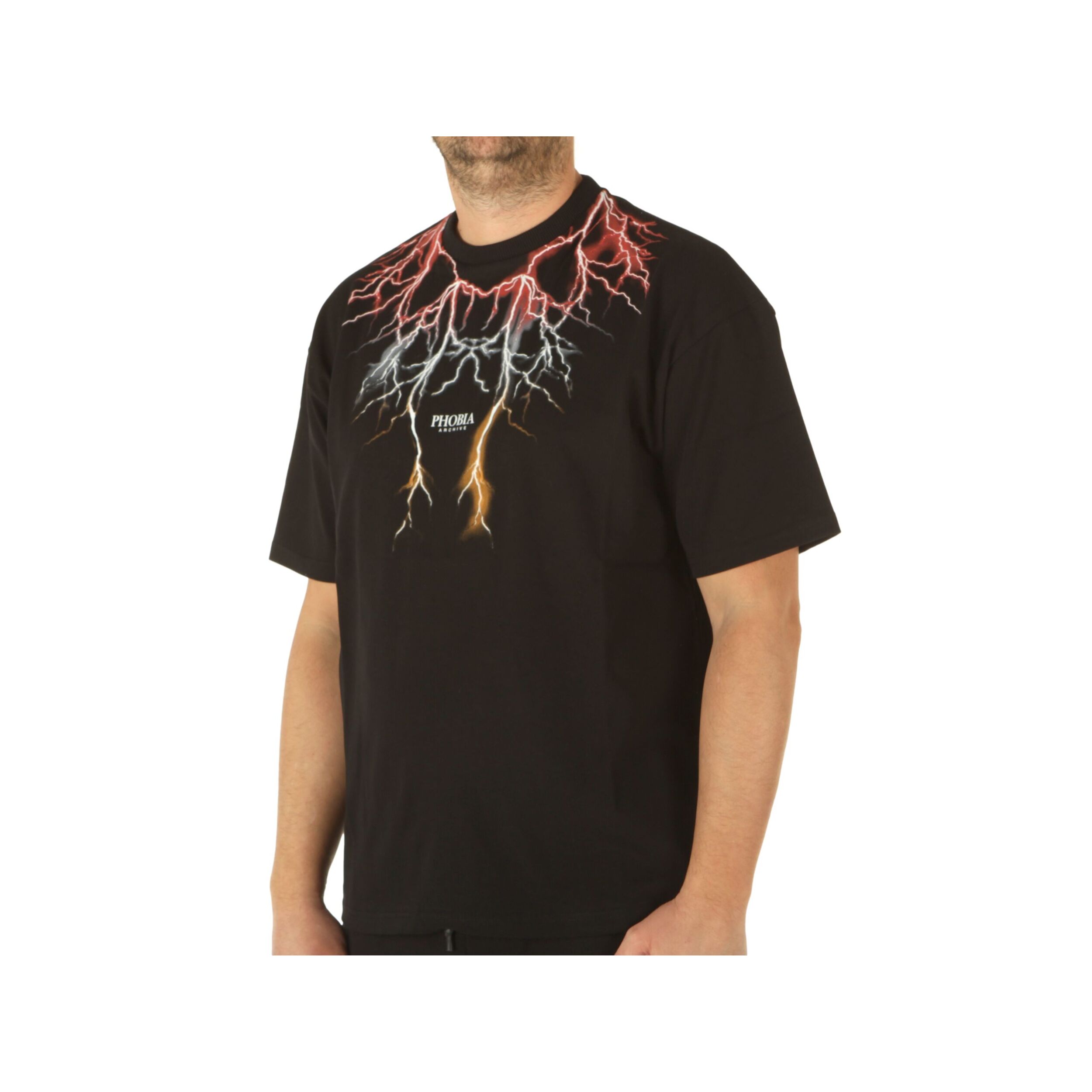 T-Shirt Phobia Archive Black T-Shirt With Red Grey Orange Lightning Nero