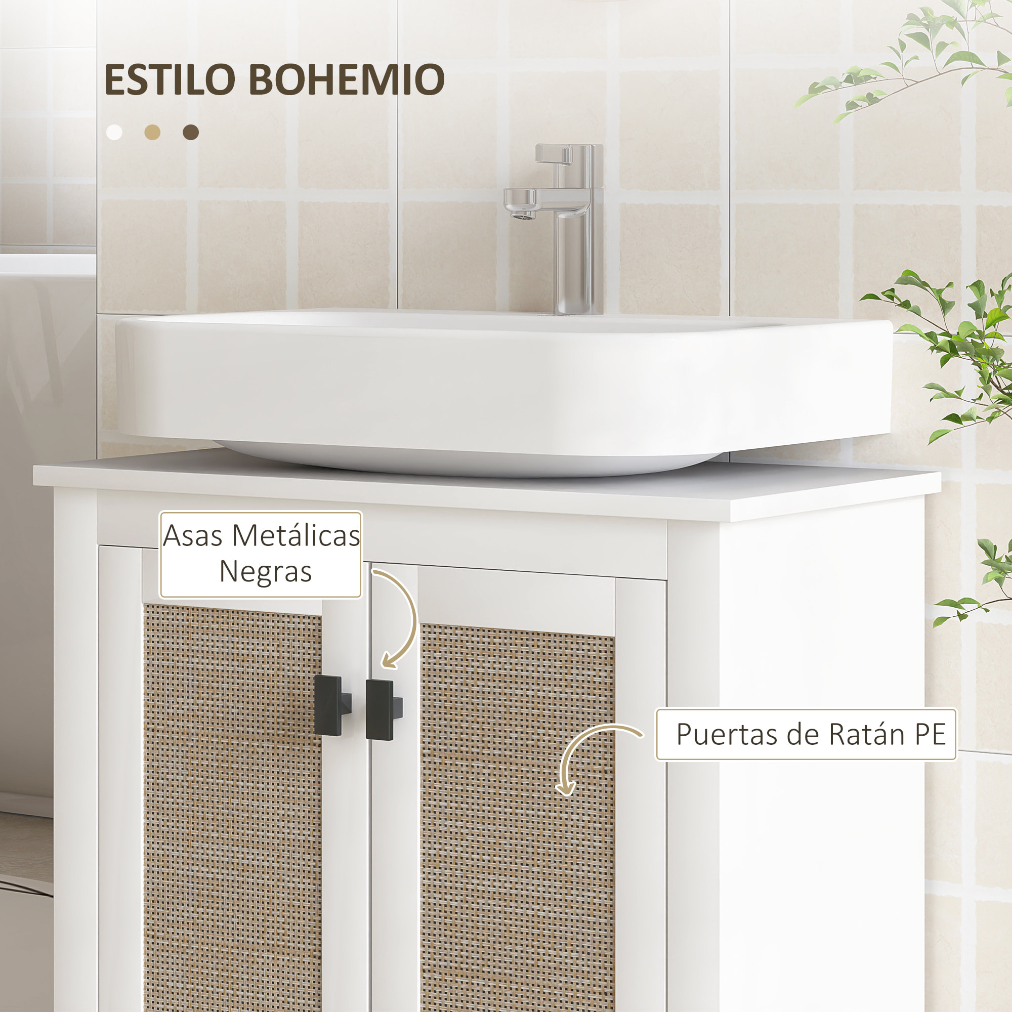 Mueble para Debajo del Lavabo Armario de Baño con Pie con 2 Puertas de Ratán PE 2 Estantes y Sistema Antivuelco para Cuarto Baño 60x30x60 cm Blanco