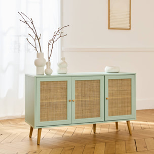 Buffet de rangement en cannage 120x39x70cm  - Bohème - 2 niveaux. 3 portes. pieds scandinaves. buffet bas