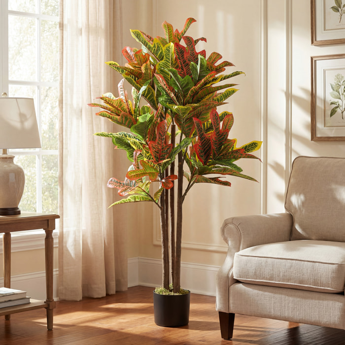 Crotón Artificial 120 cm, Planta Artificial Decorativa con Maceta y Hojas, para Decoración del Interior, Hogar, Oficina, Salón, Multicolor