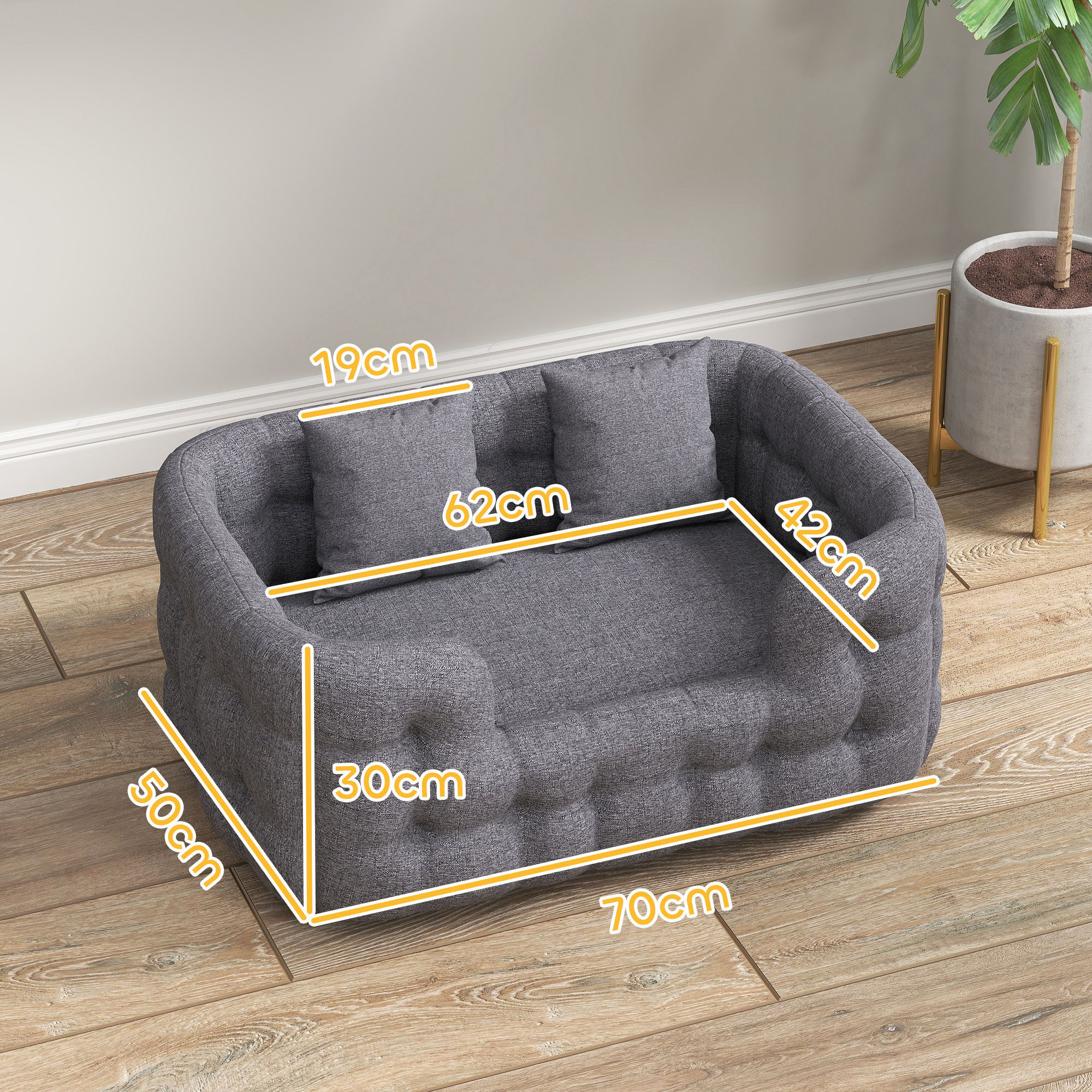 Cama para Perros Pequeños Cama para Mascotas con 2 Almohadas Colchón para Perros con Base Antideslizante Funda Extraíble y Lavable 70x50x30 cm Gris